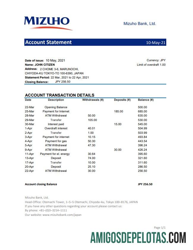 modelo de extrato bancário japonês Mizuho em branco em formato de arquivo .xls e .pdf